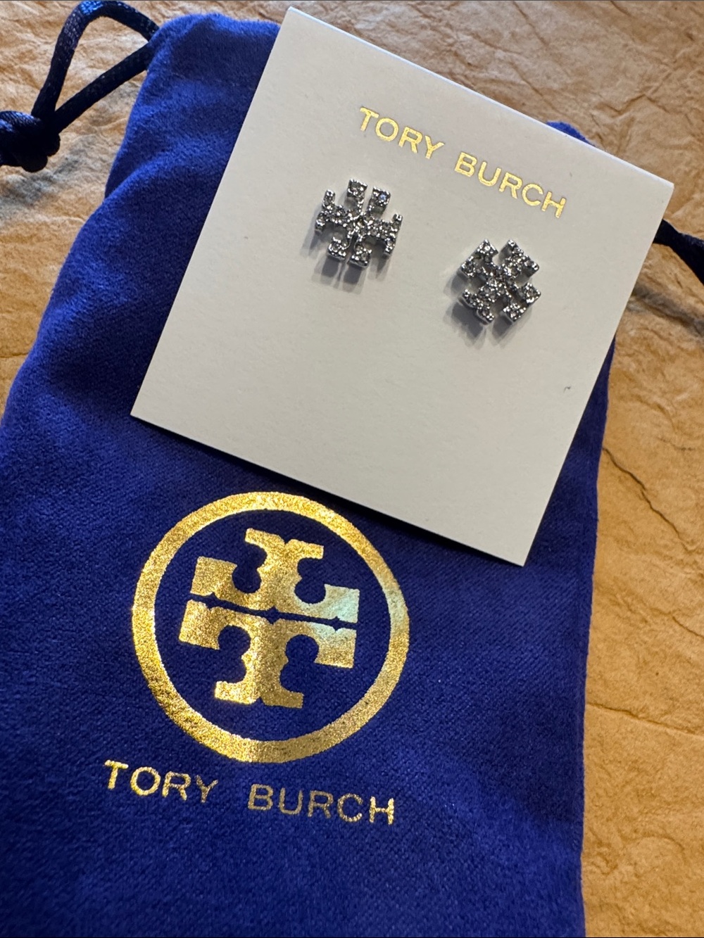 Tory Burch Silver Tone Clear Crystal Logo Stud Earrings & Branded Pouch